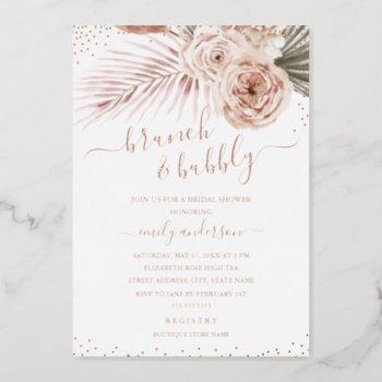 boho brunch and bubbly rose gold bridal shower foil invitation