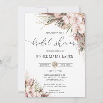 boho chic pampas grass orchid floral bridal shower invitation