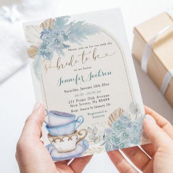 Boho Dusty Blue Floral Bridal Shower Tea Party Invitation Front View