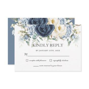 boho dusty blue navy ivory floral sage wedding rsvp card