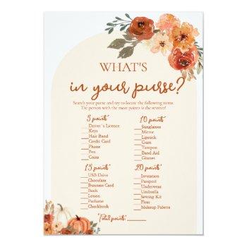 Boho Fall What's In Your Purse Bridal Shower Game Invitation Front View