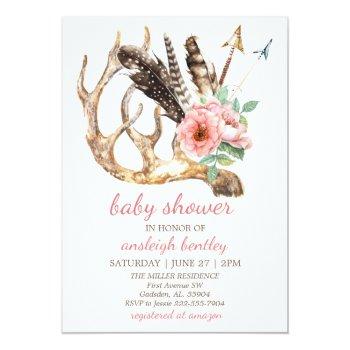 Boho Floral And Antler Baby Shower Invitation Front View