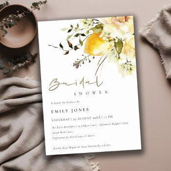 boho lemon yellow watercolor floral bridal shower invitation
