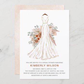 boho pampas glitter wedding dress bridal shower invitation