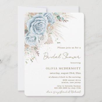 boho pampas grass pastel blue floral bridal shower invitation