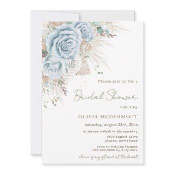 boho pampas grass pastel blue floral bridal shower invitation