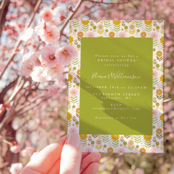 boho scandinavian green flowers bridal shower invitation