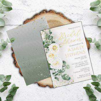 boho white rose floral | eucalyptus bridal shower  foil invitation