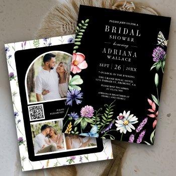 boho wildflower photo qr code black bridal shower invitation