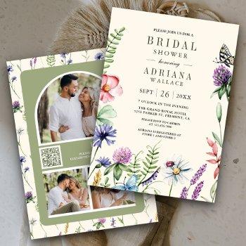 boho wildflower photo qr code cream bridal shower invitation