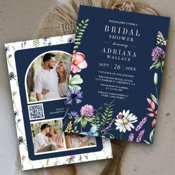 boho wildflower photo qr code navy bridal shower invitation