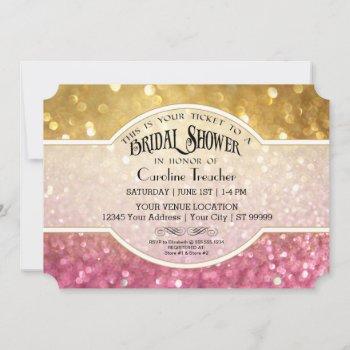 bokeh movie premier ticket style gold pink sparkle invitation