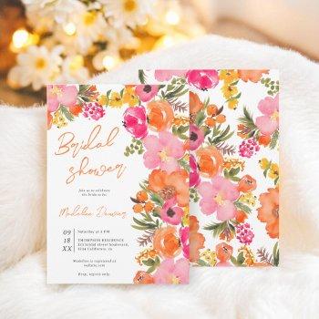 bold boho watercolor orange pink floral bridal invitation