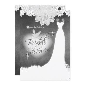 bridal gown on chalkboard with lace & white dove invitation