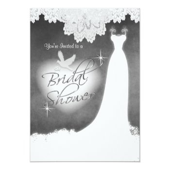 Bridal Gown On Chalkboard With Lace & White Dove Invitation Front View