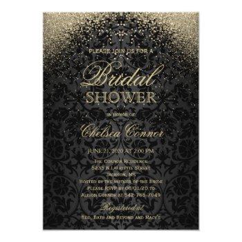 Bridal Shower - Black Damask And Gold Glitter Invitation Front View