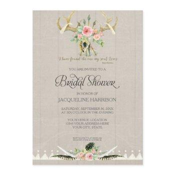 bridal shower boho feathers deer antler roses art invitation