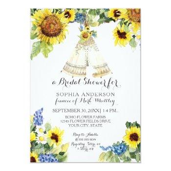 Bridal Shower Boho Floral Teepee Sunflower Daisy Invitation Front View