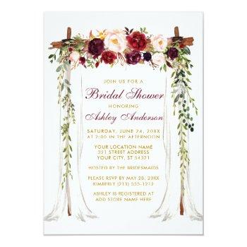 Bridal Shower Burgundy Floral Canopy Gold Invitation Front View