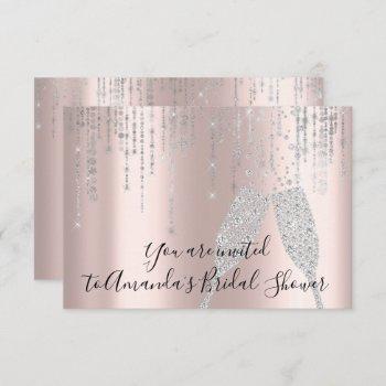 bridal shower champaigne glass bubbles silver rose invitation