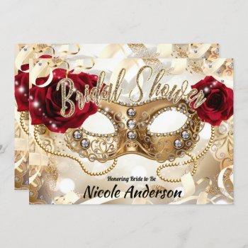 bridal shower cream gold red roses masquerade invitation