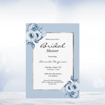 bridal shower dusty blue florals silver invitation