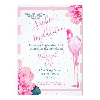 Bridal Shower Flamingo Pink Stripe Floral Chic Invitation Front View