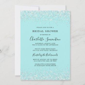 bridal shower glitter silver teal glam invitation
