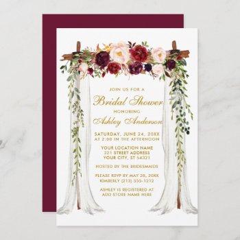 bridal shower gold burgundy floral canopy invitation