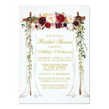 Bridal Shower Gold Burgundy Floral Canopy Invitation Front View