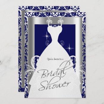 bridal shower in navy blue damask and silver invitation