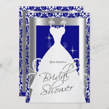 bridal shower in royal blue damask and silver invitation