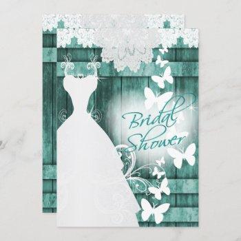 bridal shower in rustic teal barn wood and lace invitation