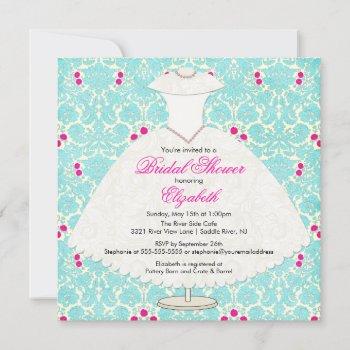 bridal shower invitation gown turquoise  damask