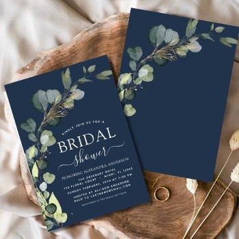 bridal shower navy blue greenery eucalyptus invitation