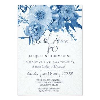 Bridal Shower Navy Blue White Chintz Damask Floral Invitation Front View