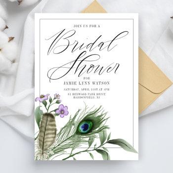 bridal shower | peacock feather & flowers invitation