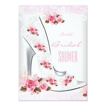 Bridal Shower Pink Rose White Lace Hi Heel Invitation Front View