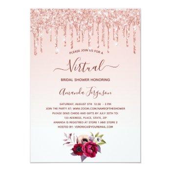 Bridal Shower Rose Gold Glitter Floral Virtual Invitation Front View