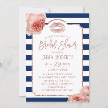 bridal shower rose gold lips floral navy stripes invitation