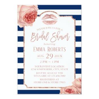 Bridal Shower Rose Gold Lips Floral Navy Stripes Invitation Front View