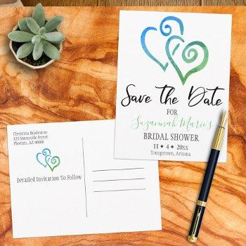 bridal shower save the date blue green hearts announcement postcard