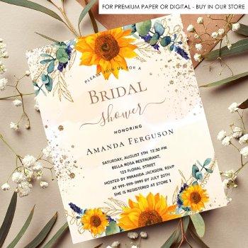 bridal shower sunflowers eucalyptus gold glitter invitation postcard