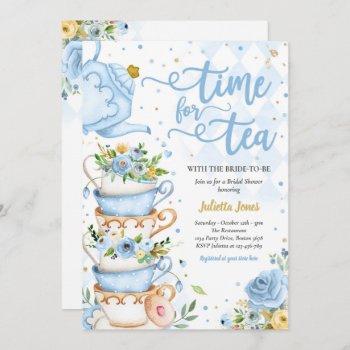 bridal shower tea party blue and gold floral invitation