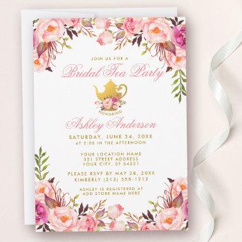 bridal shower tea party gold pink floral invitation