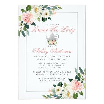 Bridal Shower Tea Party Silver Floral Pink Invite Front View