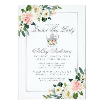 Bridal Shower Tea Party Silver Pink Floral Invite Front View