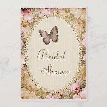 bridal shower vintage pearls lace roses butterfly invitation