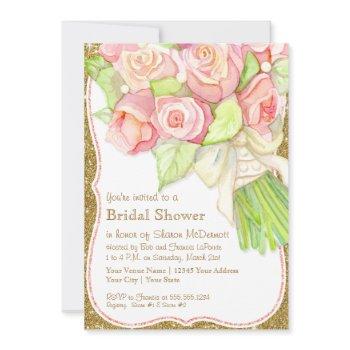 bridal shower watercolor rose bouquet satin pearls invitation