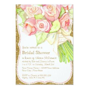 Bridal Shower Watercolor Rose Bouquet Satin Pearls Invitation Front View